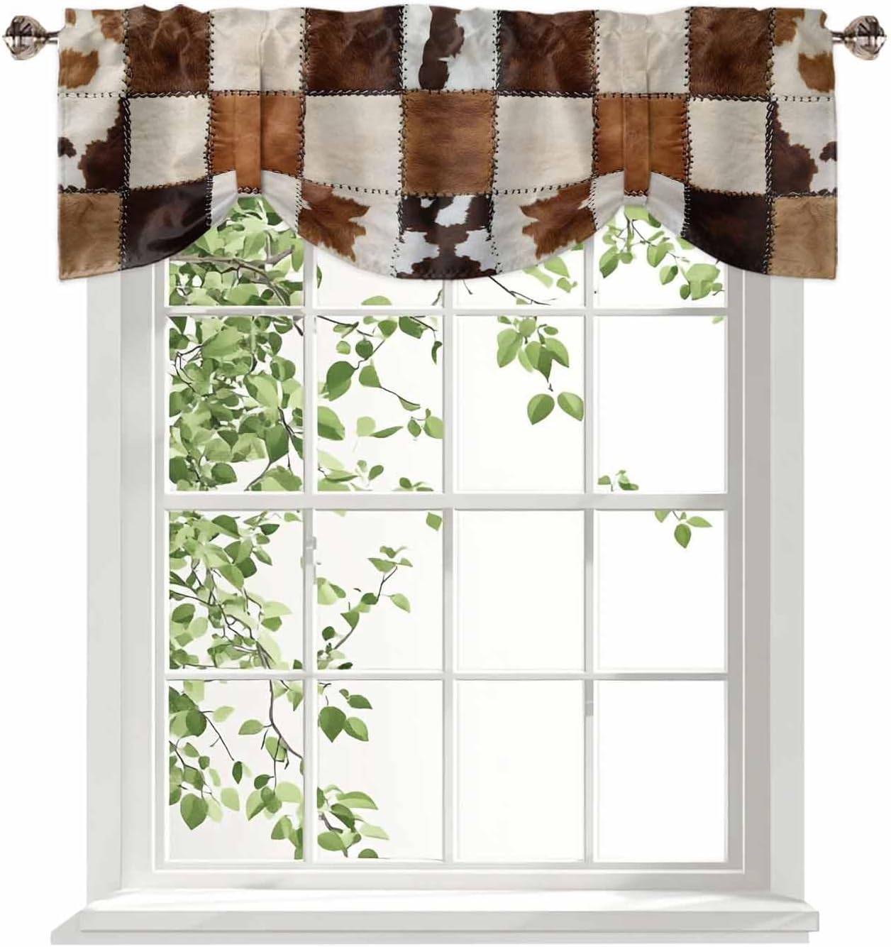 Vintage Leather Tie Up Valance Curtain for Kitchen Living Room Bedroom Bathroom Cafe, Rod Pocket Small Short Window Drape Panel Adjustable Drapary Print, Farmhouse Brown West Cowboy Plaid 60"x18"