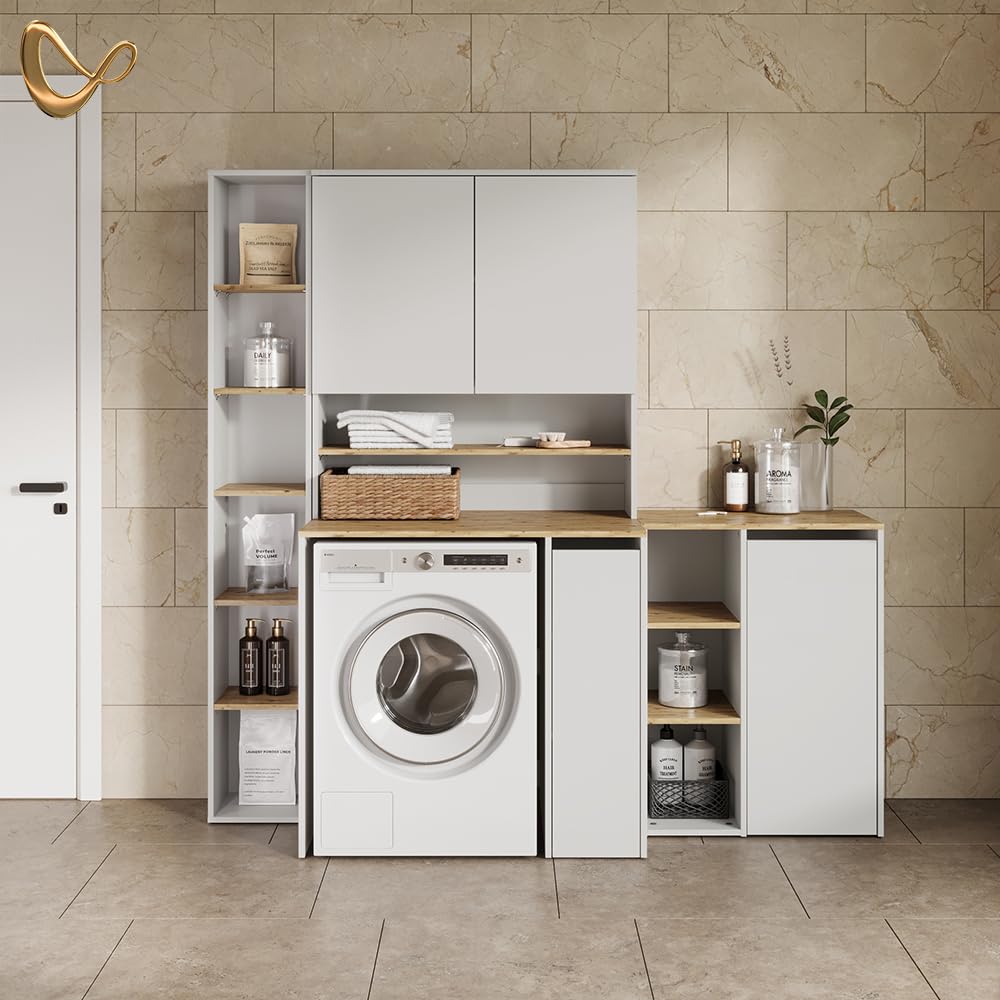 Livinity Armoire Machine à Laver Paolina, Blanc/Artisan, 93.6x88.2cm | 2 pièces avec étagèreEspace supplémentaire au-dessus de l'appareil pour ranger les détergents et les accessoires