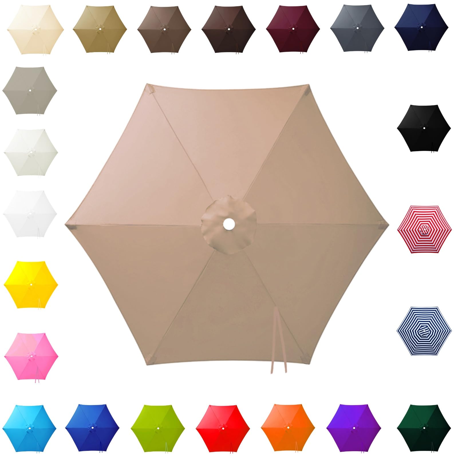 3.0m Replacement Parasol Canopy for 6 Arms, 2m-3m Patio Umbrella Cloth, Waterproof Outdoor Garden Canopy, Beach Parasols Covers, Fabric Sun Shade Top Only, for Pool Lawn(Champagne,2.50m/8.2ft)