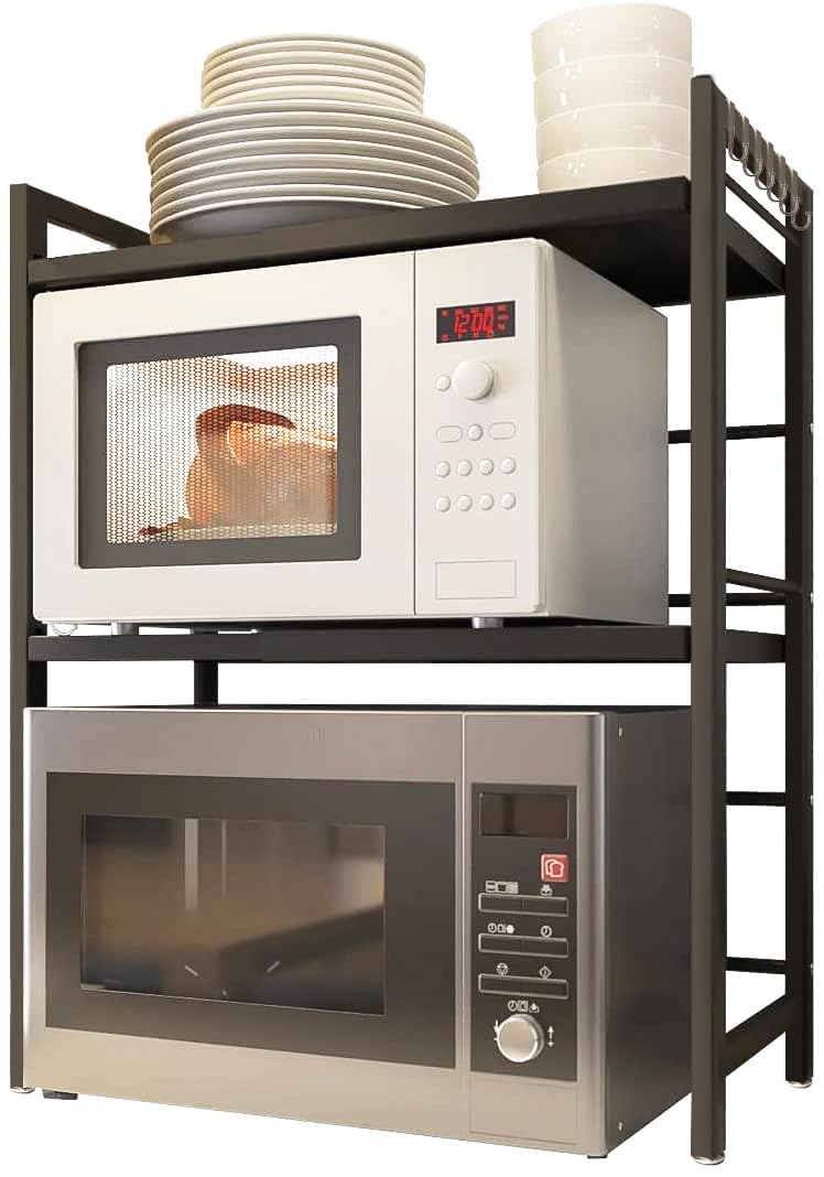 Lukzer 2 Tier Metal Microwave Oven Holder Stand 2 Layer Shelf Dish Rack Space Organizer with Hooks (78 X 70 X 36 cm/Black) (B0BG8KKP33) Amazon Price History, Amazon Price Tracker