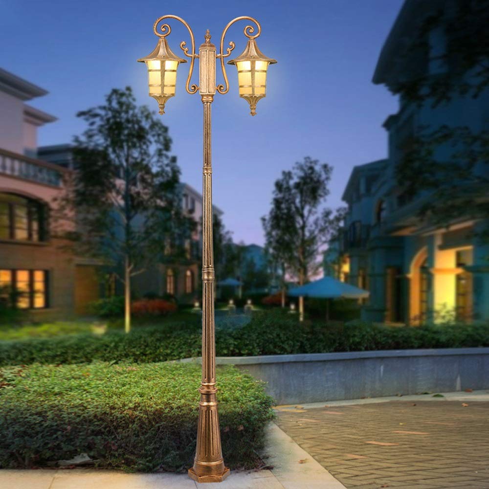 Palo Alto in Vetro Lanterna da Strada Europea Vintage Doppia Testa E27 Ottone Metallo Alluminio Lampada da palo IP54 Impermeabile Esterno Giardino Pilastro Luce Vialetto,Height 2.9m