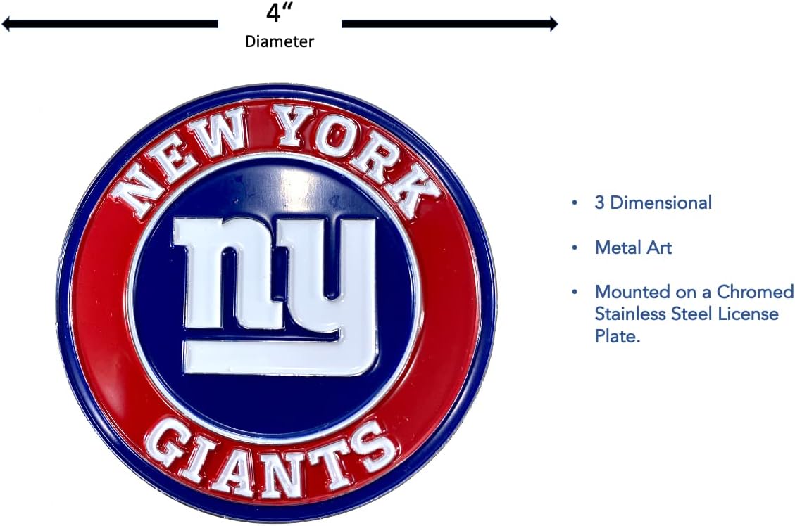 NFL New York Giants Premium Chrome Zinc Alloy Team License Plate - 4 Screw Frame with 3D Molded Color Chrome NFL Logo - Chrome Background and Team Colors Complement Any Color Truck, SUV, Car