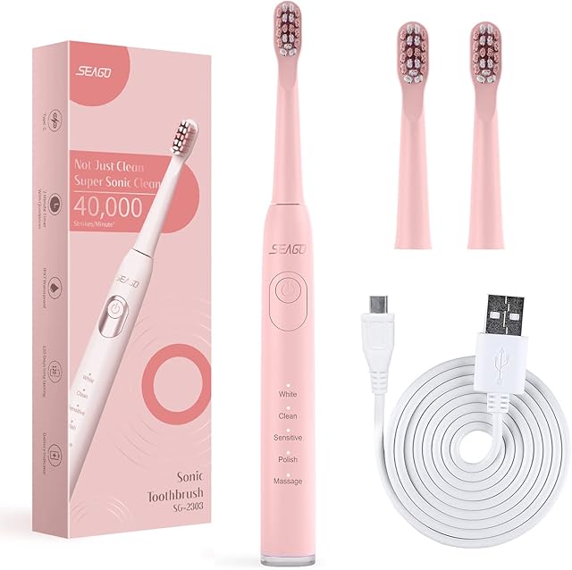 SEAGO SG-2303 różowa soniczna szczoteczka do zębów, bateria 700 mAh, 5 trybów, 3 końcówki
