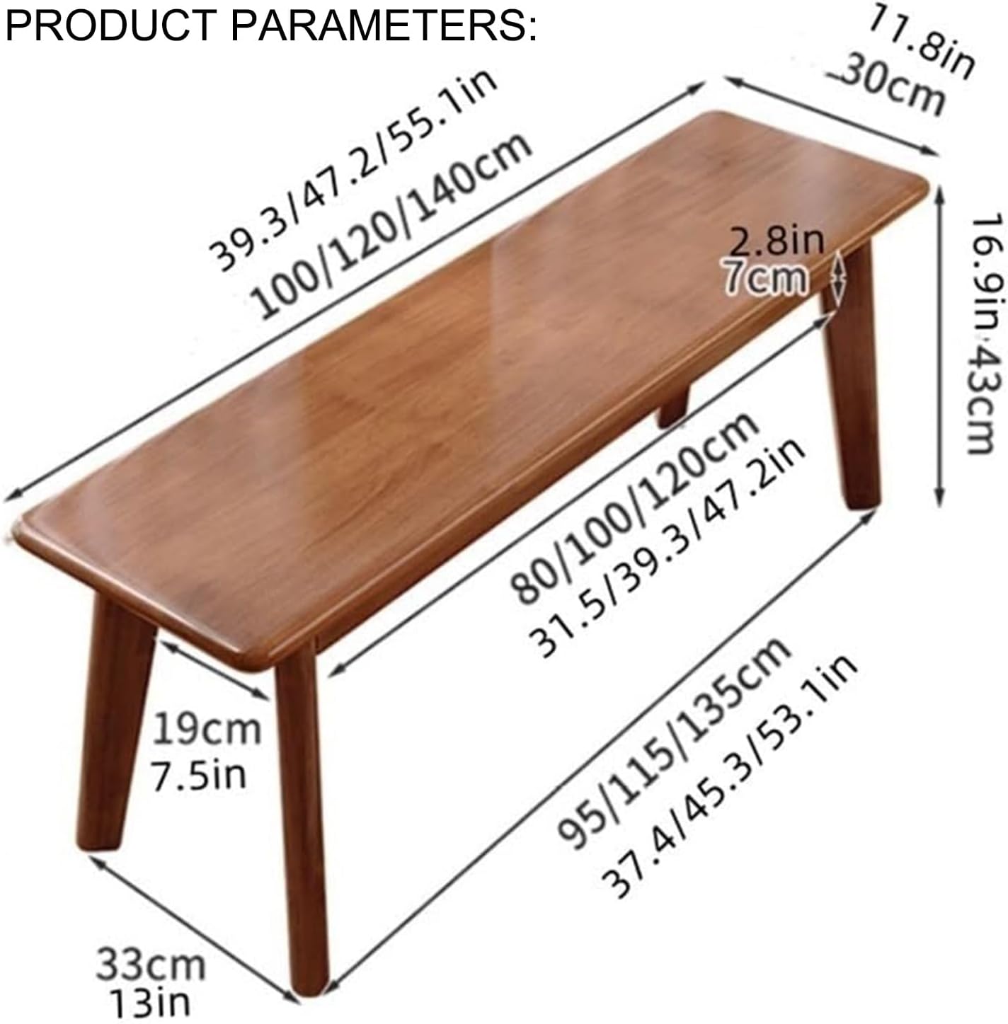 HARELA Farmhouse Solid Wood Long Bench, Entryway Shoe Rack Bench, End of Bed Bench, Bedroom Bench, for Dining Table Narrow Farmhouse Kitchen Bench, Easy to Assemble(Walnut,80cm/31.5in)
