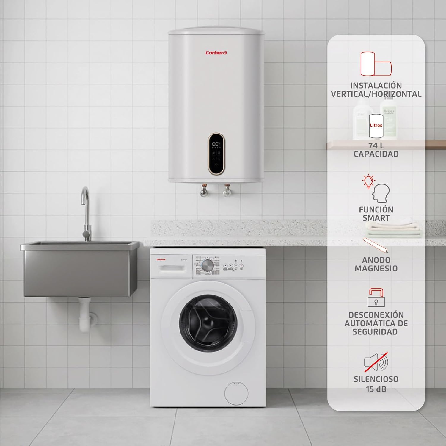 Corberó CTM755FL electric water heater installed inside a kitchen cabinet, demonstrating its compact and flat design.