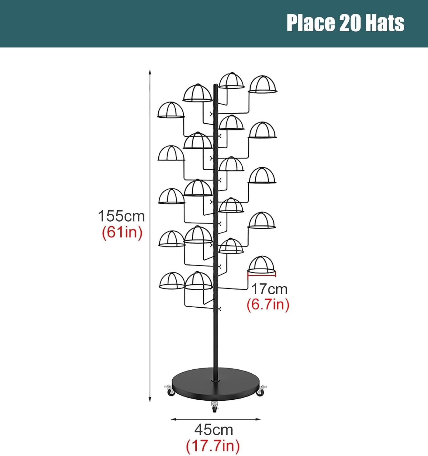 Hat Racks Coat Rack Freestanding Rolling Hat Display Stand On Wheels, Large Capacity Hat Organizers and Storage Rack for Baseball Caps/Cowboy Hats/Full Brim Hat/Hat Collection