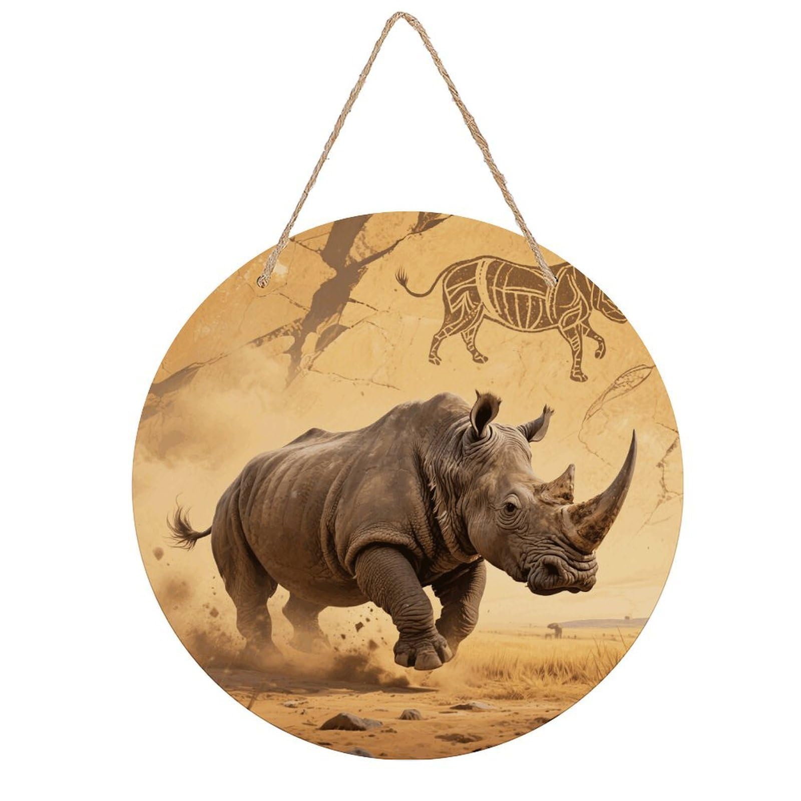 FekiLoot Rhino Wall Art Decor Rustic Vintage Hanging Wall Sign Aesthetic Welcome Door Sign with Rope, Round Wood Walls Decoration Picture for Home Front Door 7.9x7.9 in