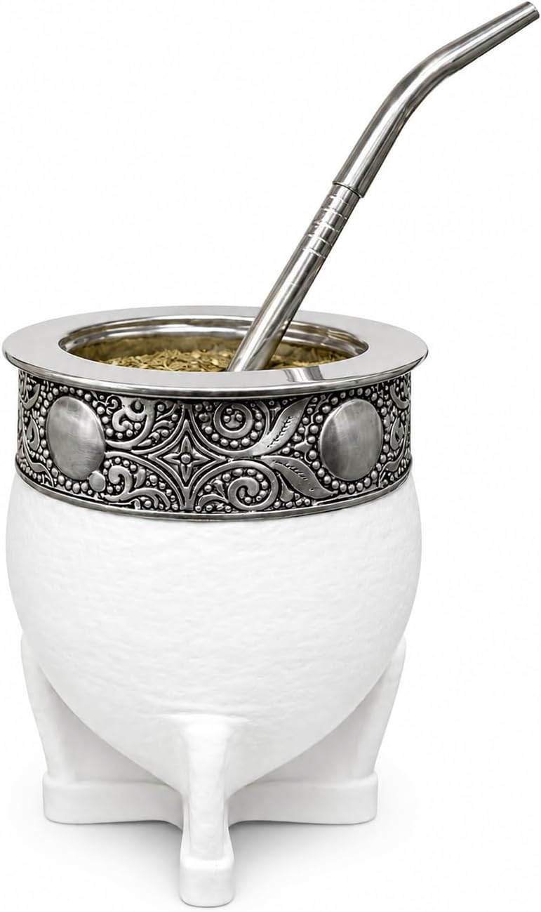 Yerba Mate Cup Set Argentina, Calabash Gourd, Traditional Alpaca Band