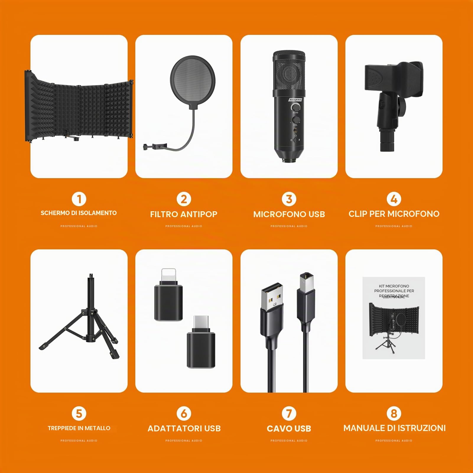 Microfono da Studio Con Schermo Isolante, Filtro Antipop e Supporto a Treppiede In Metallo, Microfono da Studio per PC, Laptop e Smartphone, Microfono per Registrazioni Musicali, Canto e Podcast