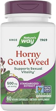 Natures Way Horny Goat Weed, Standardized Extract, Supports Sexual Vitality*, 500 mg per Serving, Non-GMO Project Verified, 60 Vegan Capsules Packaging May Vary