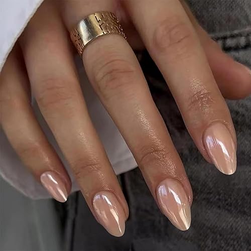Nude Acrylic Press on Nails Short Almond Chrome Nails Press