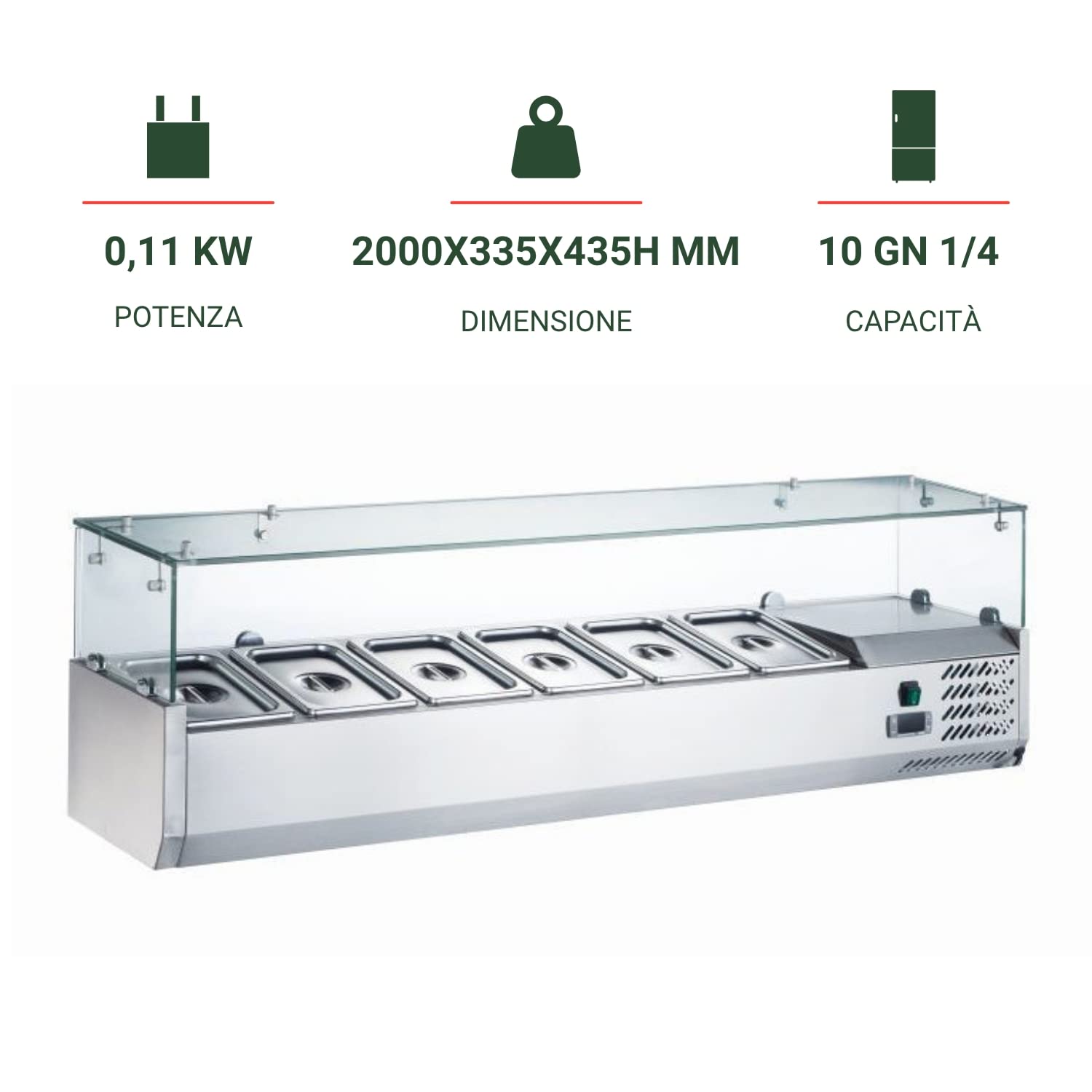 Vetrina Refrigerata Per Condimenti E Pizza - 10 GN 1/4, Temperatura +2°C/+8°C, Acciaio Inox, 2000x335x435mm - Foto 8