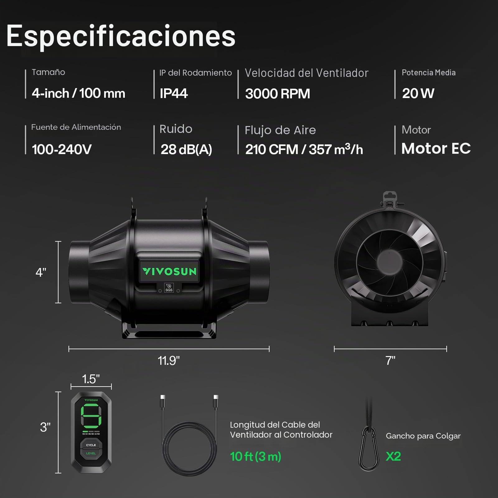 VIVOSUN Ventilador de Conducto AeroZesh T4 100 mm 357 m³/h Ventilador de Extracción con Regulador de Velocidad E12, Control PWM, Programable para Tiendas de Cultivo y Ventilación Interior