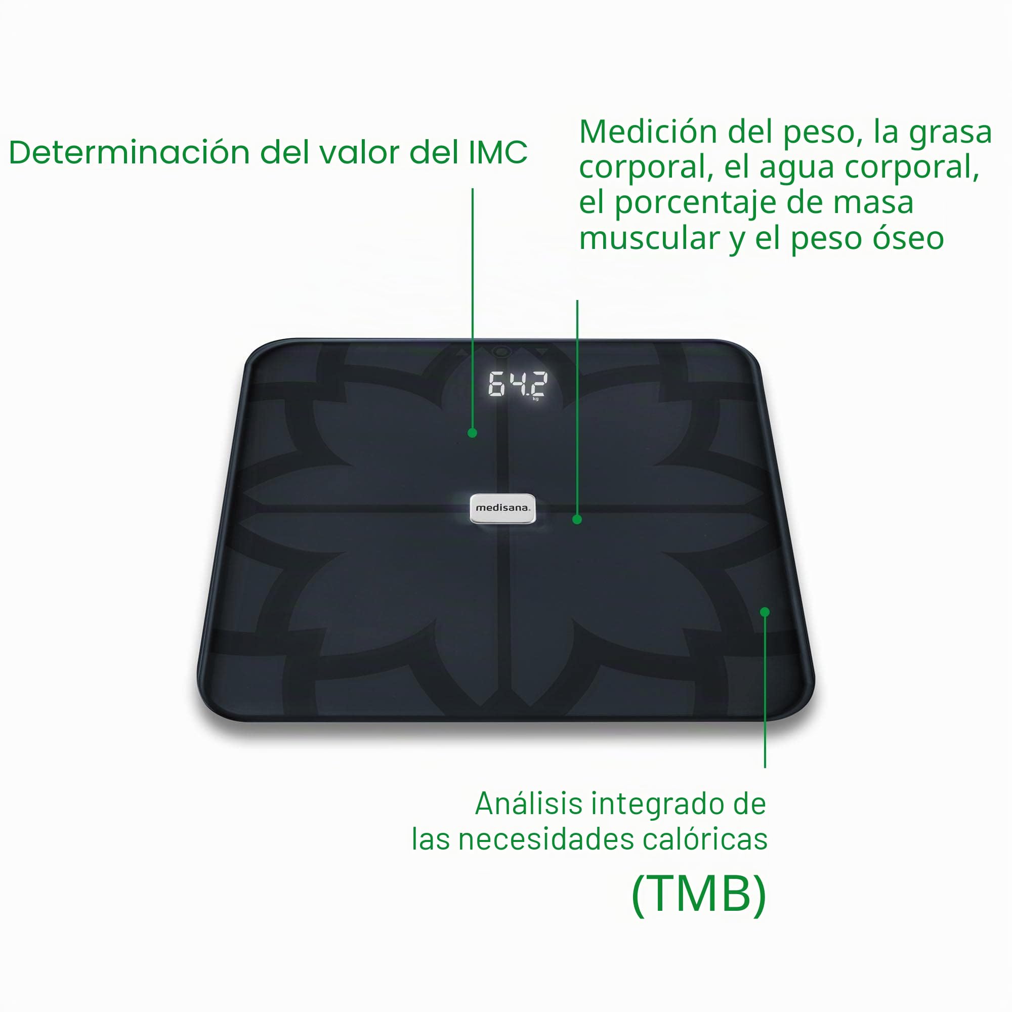 medisana BS 450 connect báscula de análisis corporal, balanza digital | medición de peso, grasa corporal, masa muscular, agua coroporal y peso óseo, bascula de baño con conexión a aplicación