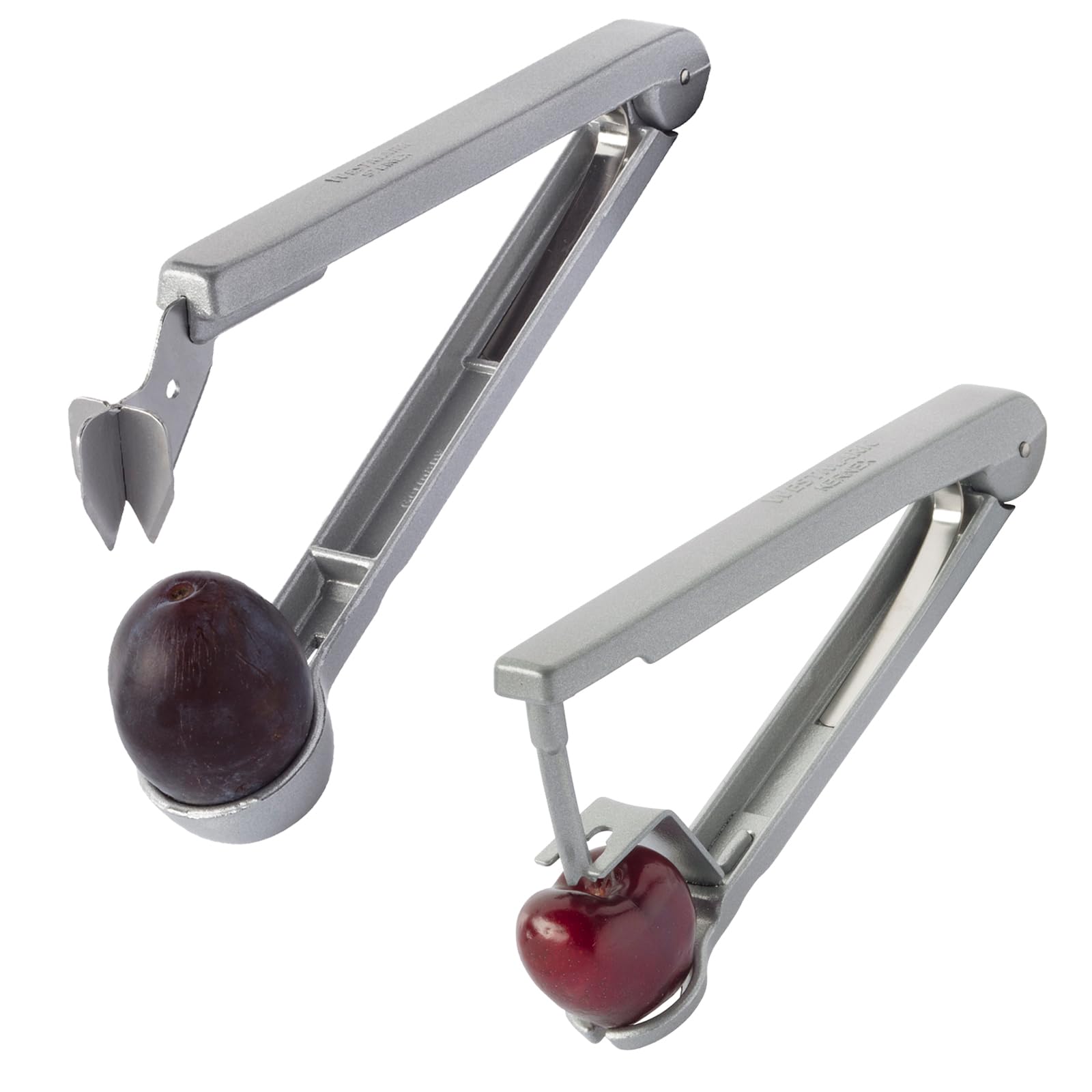 Westmark Set: 1 Dénoyauteur à Cerises + 1 Dénoyauteur à Prunes pour des Fruits prêts à être Cuisiner, Aluminium, Revêtement alimentaire, Lame en Acier inoxydable, Kernex et Steinex, Argenté, 401022E6