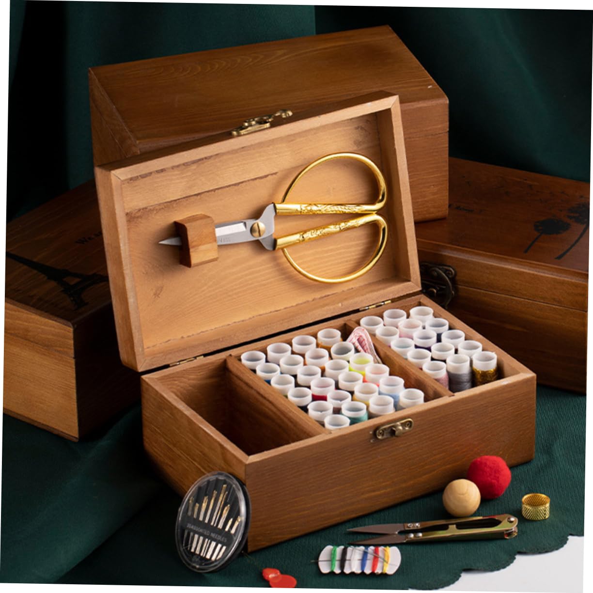 Caja de Alfileres de Costura Portátil de Madera Marrón