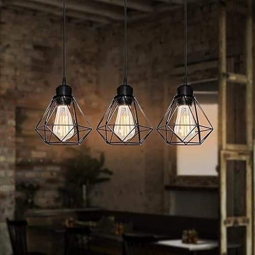 Miniatura 7 de Lámpara colgante industrial de 3 luces, lámpara vintage de hierro negro con diseño geométrico, enchufe E27, accesorio colgante ajustable (6.3 x 6.7