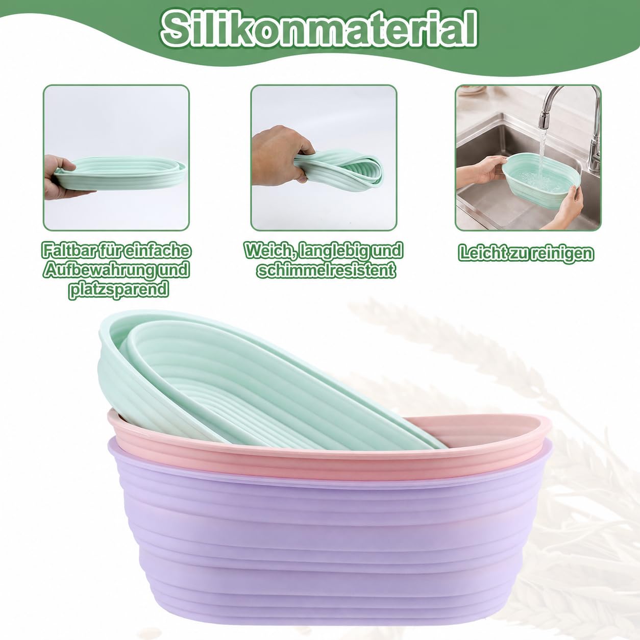 9 cestas de fermentación de silicona ovaladas, 25,4 × 9,5 × 3,3 cm, cesta de fermentación plegable para hornear pan, cestas de fermentación plegables con raspador y lino para panaderos aficionados