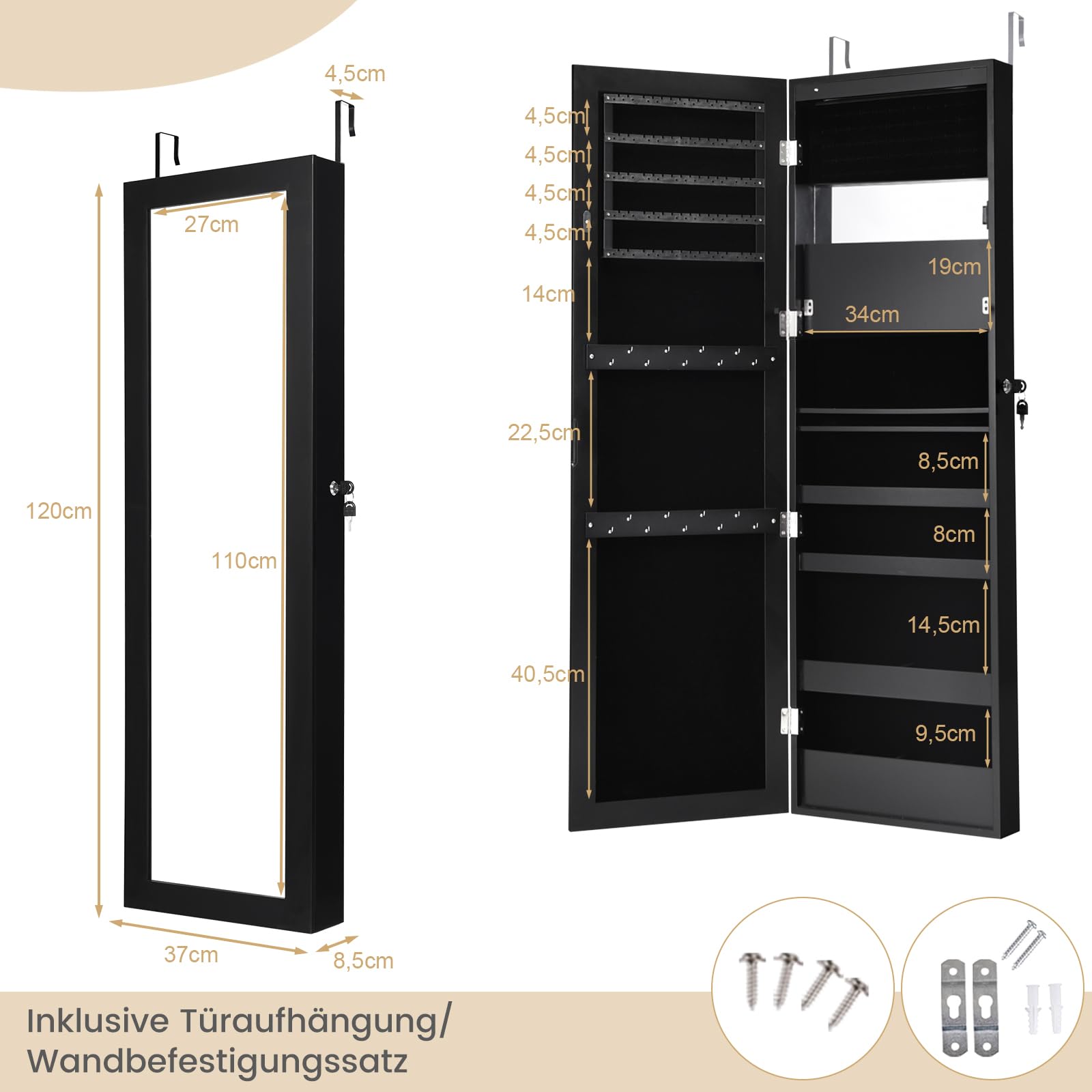RELAX4LIFE Schmuckschrank mit Spiegels, Spiegelschrank mit Automatischen LEDs & Klappbarer Ablage, Schmuckorganizer für Ohrringe Armband Kosmetik, Hängend & Abschließbar, Tür- & Wandmontage (Schwarz)