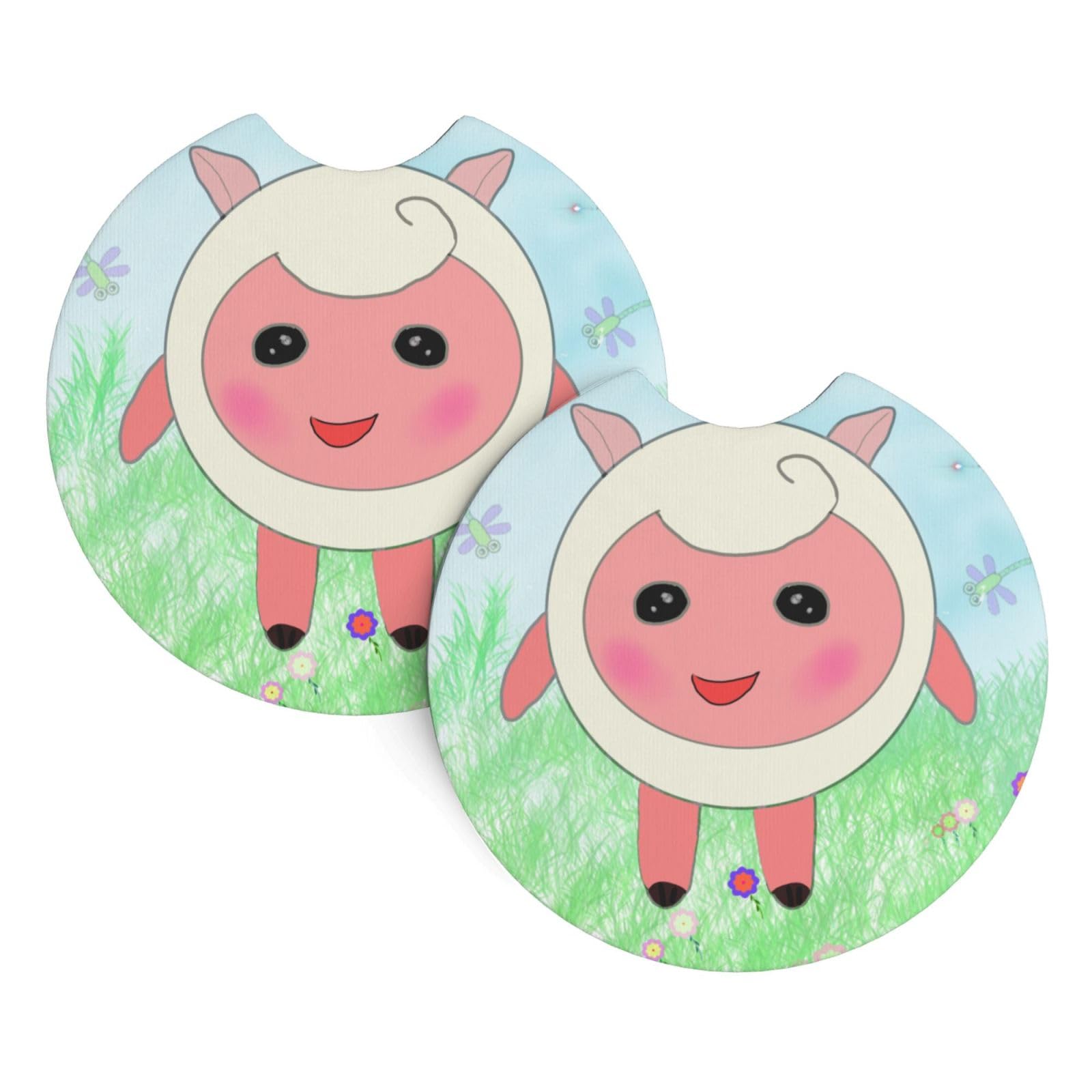 Cute Lamb Printing Car Coasters 2 Pack - Durable Waterproof, Odorless, Easy to- Interior Car Accessories for Women and Menon