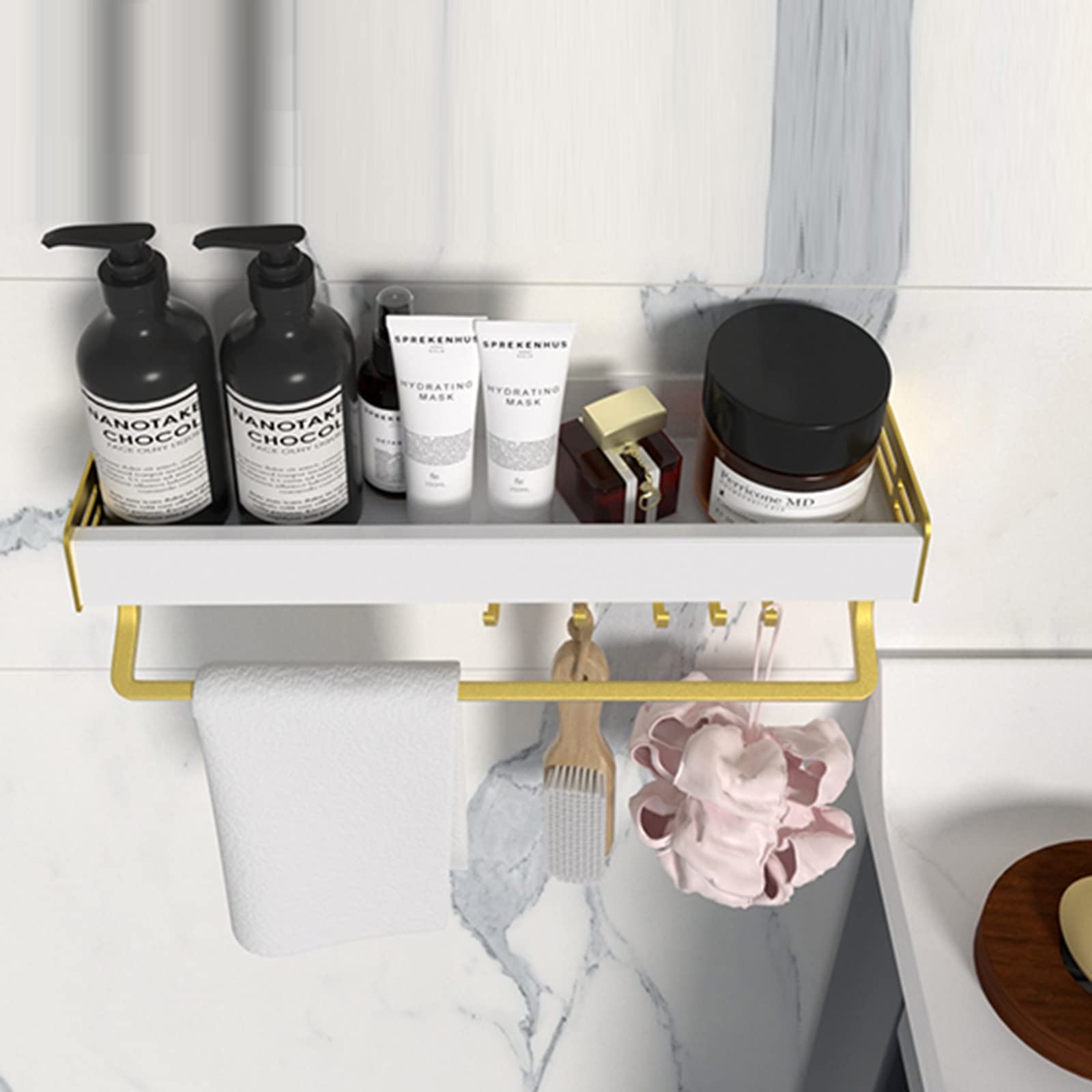 Estante de ducha adhesivo de aluminio blanco con ganchos de 30 cm para cocina, inodoro, ahorro de espacio, solución de almacenamiento
