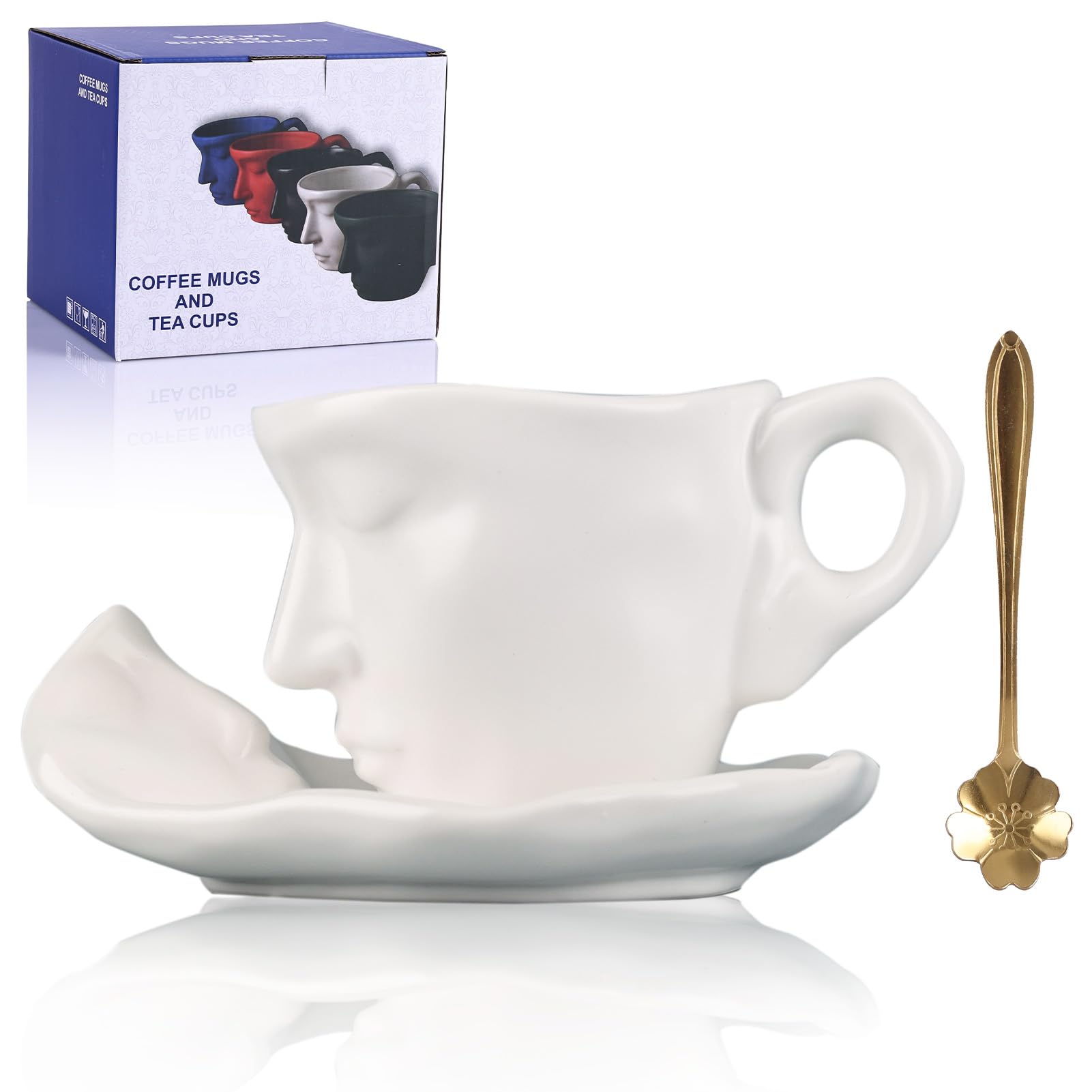 Coffee Mug Set, creative abstract art Kissing coffee cup, with disc and spoon light luxury family office tableware decoration (White)