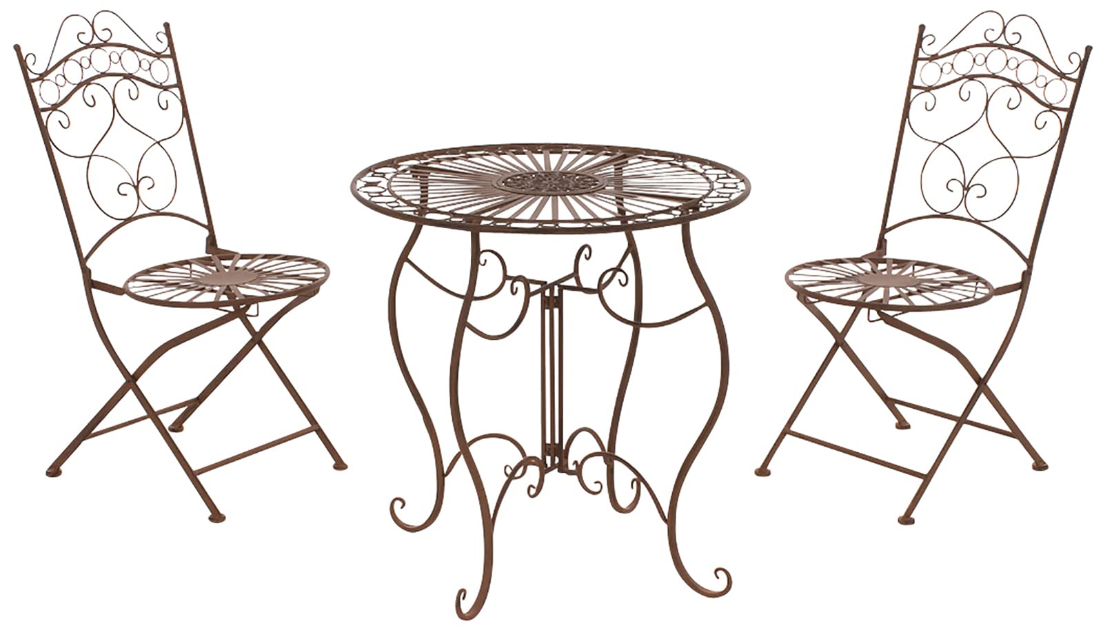 CLP Set da Giardino Indra Tavolo + 2 Sedie - Set Esterno Tavolo e Sedie Pieghevoli in Ferro Stile Vintage – Set Balcone Stile Shabby Tavolo Outdoor Rotondo Marrone Antico