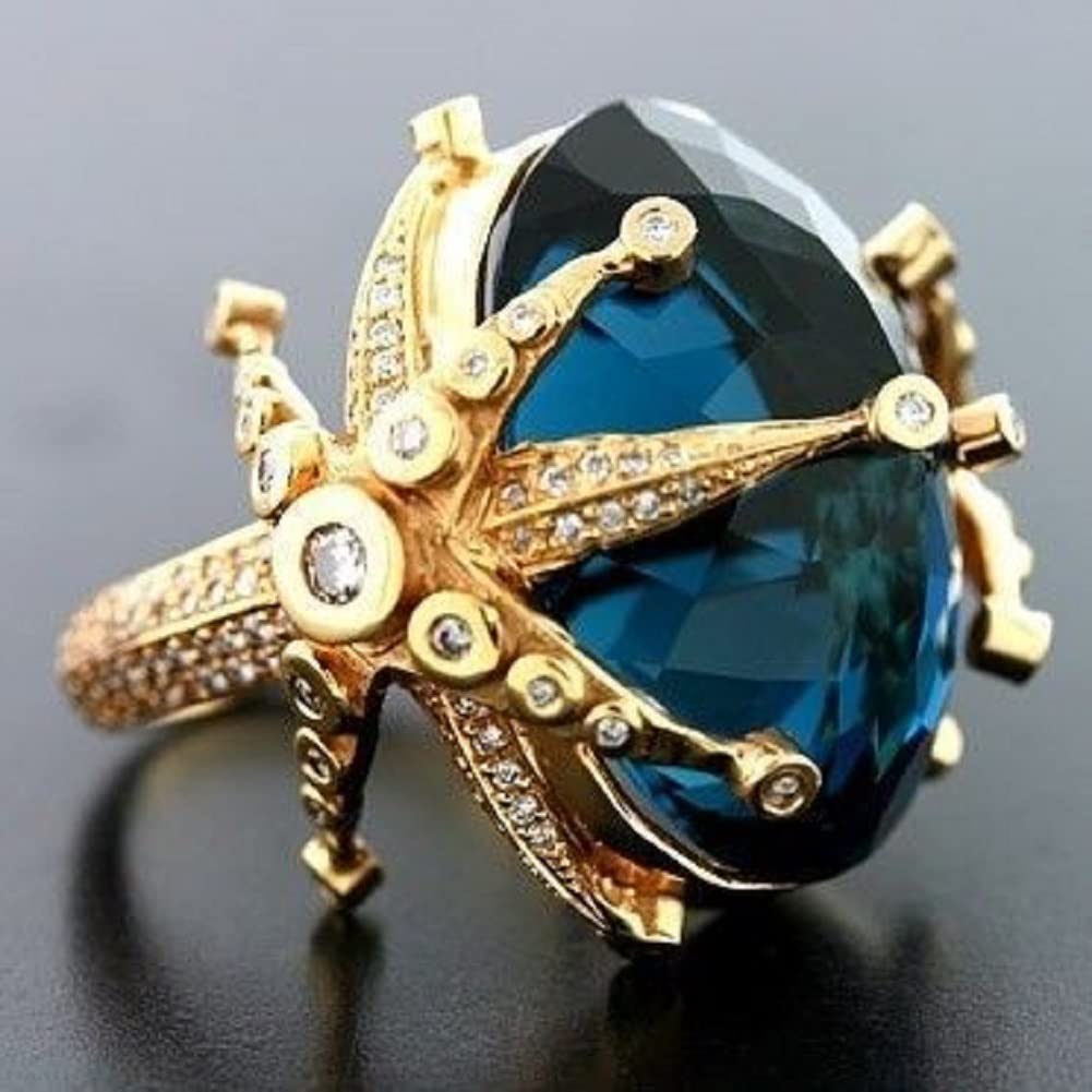 Photo 1 of ASFKIPMF Womens Exaggeration Starfish Blue Cubic Zirconia Ring,14K Yellow Gold Plated Punk Biker Gothic Fashion 14k Gold Blue Topaz Zircon Engagement Wedding Commemorative Ring Size 10 US Code 10