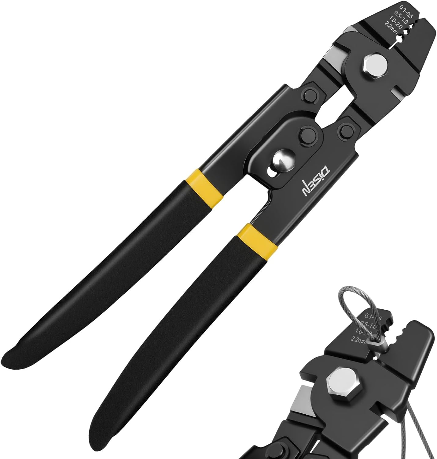 DISEN Wire Rope Crimping Tool, Fishing Crimps, Swaging Tool for Wire Rope, Wire Crimper for Aluminum Oval Sleeves from 3/32 inch to 1/64 inch, Chrome Vanadium Steel, Phosphated Black