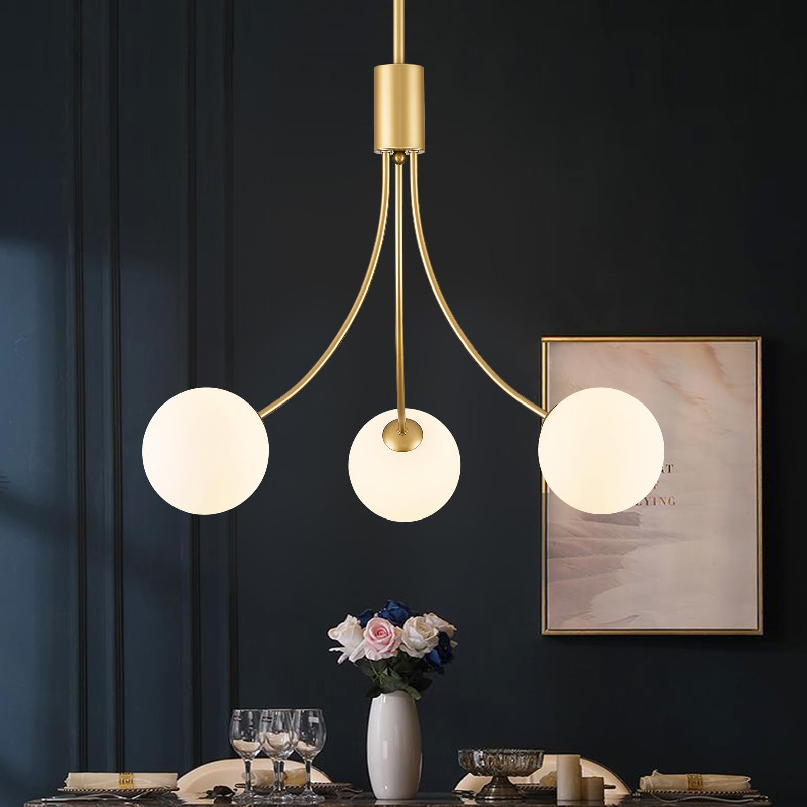 Photo 1 of Sparklelf Modern Gold Sputnik Chandelier with Milk Glass Shade, Dining Room Light Fixture Pendant Light for Kitchen Island Living Room Foyer Entryway, 3-Light
