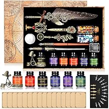 Quill Pen Ink Set, With Quill Pen, Wooden Dip Pen, Glass Dip Pen, 6 Bottles Ink, 16 Letter Paper, 2 Envelopes, 17 Nibs, Pen Holder,2 Bottles Fire Lacquer Wax, Stamp, Spoon, White Wax, CupGrey