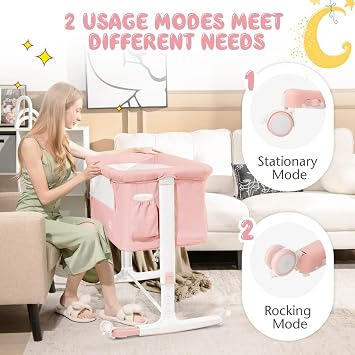 BABY JOY Bassinet Bedside Sleeper, 3 in 1 Folding Crib w/Adjustable Height, Mattress, Lockable Wheels, Storage Pocket & Carry Bag for Infant Newborn, Stationary & Rock, Portable Baby Bassinet (Pink)
