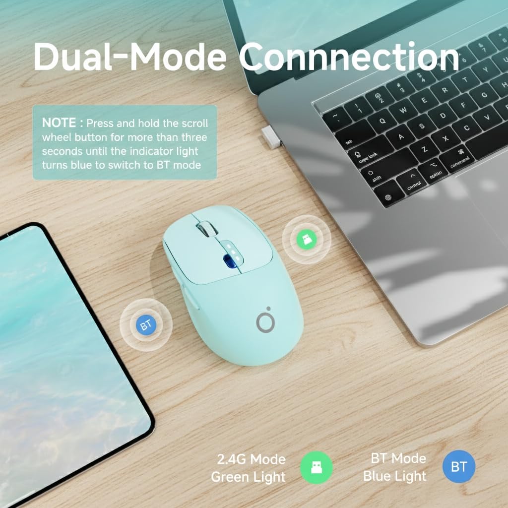SEUNKWANG EWEADN Q5 Wireless Mouse, tooth & 2.4G Quiet Computer Mouses with Battery Level Display, 1600 DPI, Ergonomic Office Mouse, 6 Button Portable Cute Computer Mouse for Laptop/PC/Mac - Blue: Grey