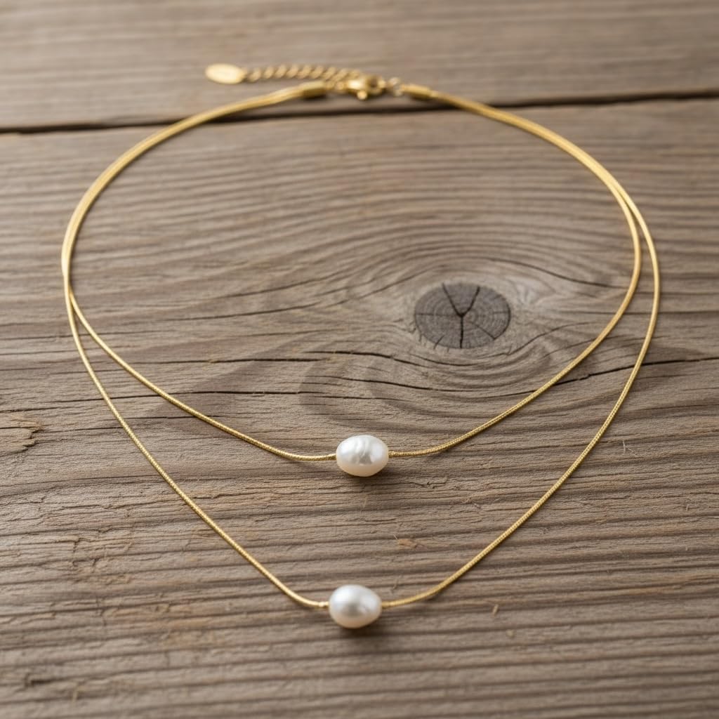 Elegant Double Layer Pearl Necklace, 18K Gold Plated over Stainless Steel Rope Chain with Freshwater Pearls, Layered Style, 16-Inch and 17-Inch Chains with 2-Inch Extension, Tarnish Resistant - Image 4