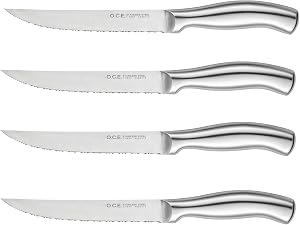 O.C.E.Steak Knives Set of 4, Stainless Steel Serrated Steak Knife Set, Kitchen Steak Knife with Ergonomic Handle and Sharp Blades, Dishwasher Safe,Silver