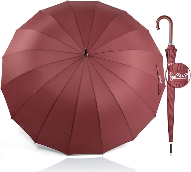 Royal Walk Windproof Umbrella Black Large 54 Inch Automatic Open for 2 Persons Stormproof for Men Women Classic Wooden Handle Lightweight Waterproof Durable Strong 16 Ribs Travel Golf 120cm Dark Red