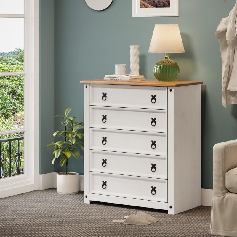 Mercers Furniture Corona White 5 Drawer Chest Of Drawers Small Solid Wood Mexican Pine Wooden Bedroom Storage Painted Shabby Chic 89cm High. 80cm Wide. 41cm Deep