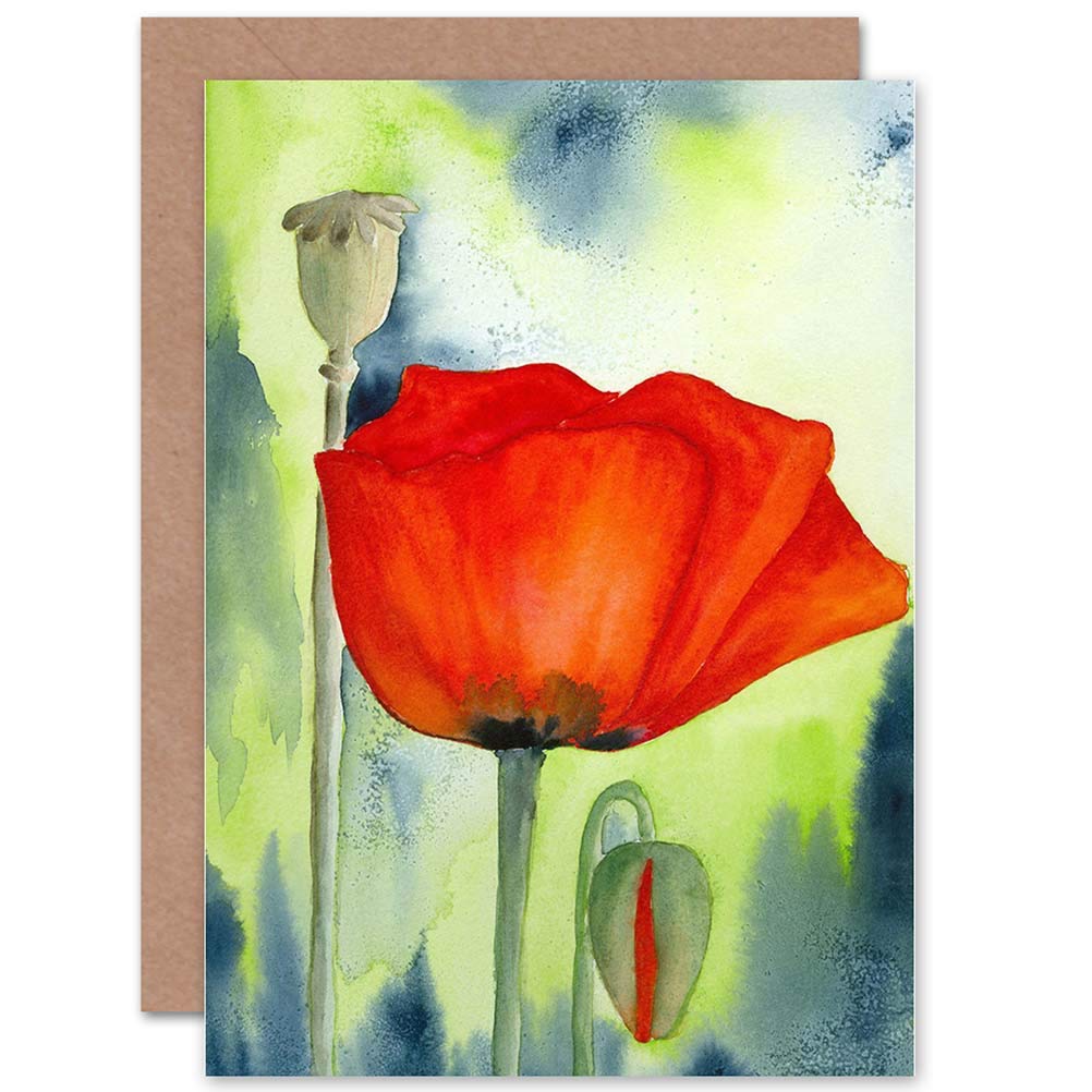 Artery8 Birthday Card - Watercolour Poppy Flower - Red