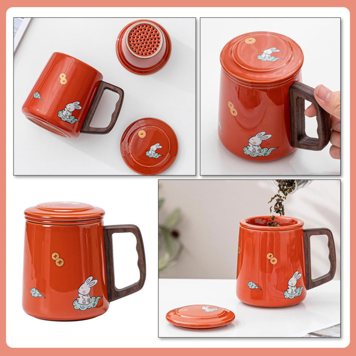 Taza de Té con Infusor y Tapa de Cerámica 400ml Roja | Mango Cómodo, Base Plana, Superficie Lisa, Madera en Detalles, para Flor y Agua