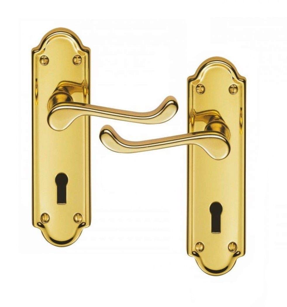 Ashford/Ashworth/Ashtead Style Victorian Scroll Lever Lock Door Handles on Shaped Backplate in Polished Brass