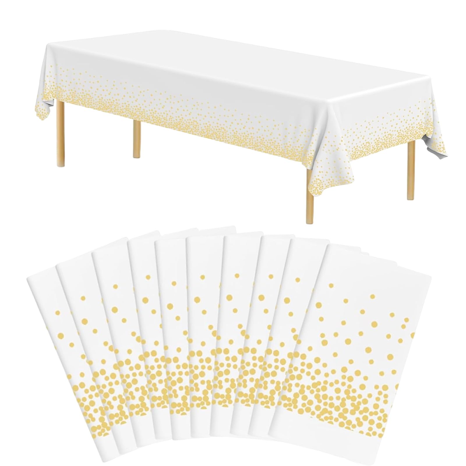 Eidoct White Gold Dot Tablecloth 137 * 274cm Disposable Rectangular Table Cover - Plastic With Confetti Pattern for Parties, Picnics, Birthdays, Weddings (10Pcs)