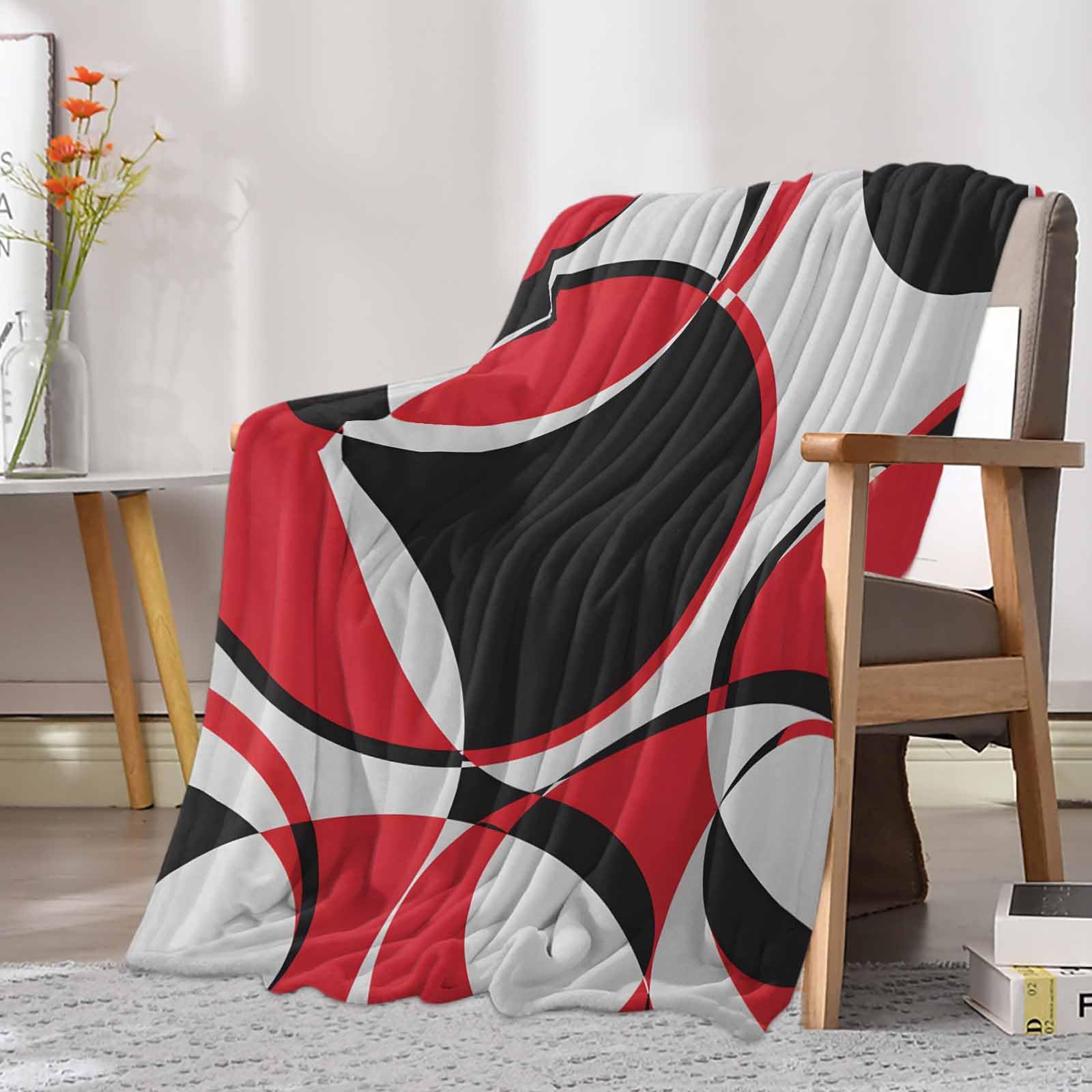 Fleece Throw Blanket, Red Black Gray Geometric Art Soft Cozy Flannel Blanket for Couch Bed Sofa Camping, Modern Abstract Circle Stripes All Season Use Lightweight Throw Blankets 40x50in