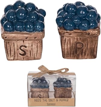 Transpac Decorative Functional Countertop Table Decor 2.5 Inch Ceramic Salt and Pepper Shaker Set Blue and Brown Blueberry Basket
