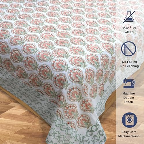 Image of TOAI Hand Block Printed Bedsheet | Bed Sheet Flatsheet | Pure Cotton | Double Bed Queen Size 90 inchx108 inch | 300 TC Bedsheets | Includes 2 Pillow Covers (Peach Green White)