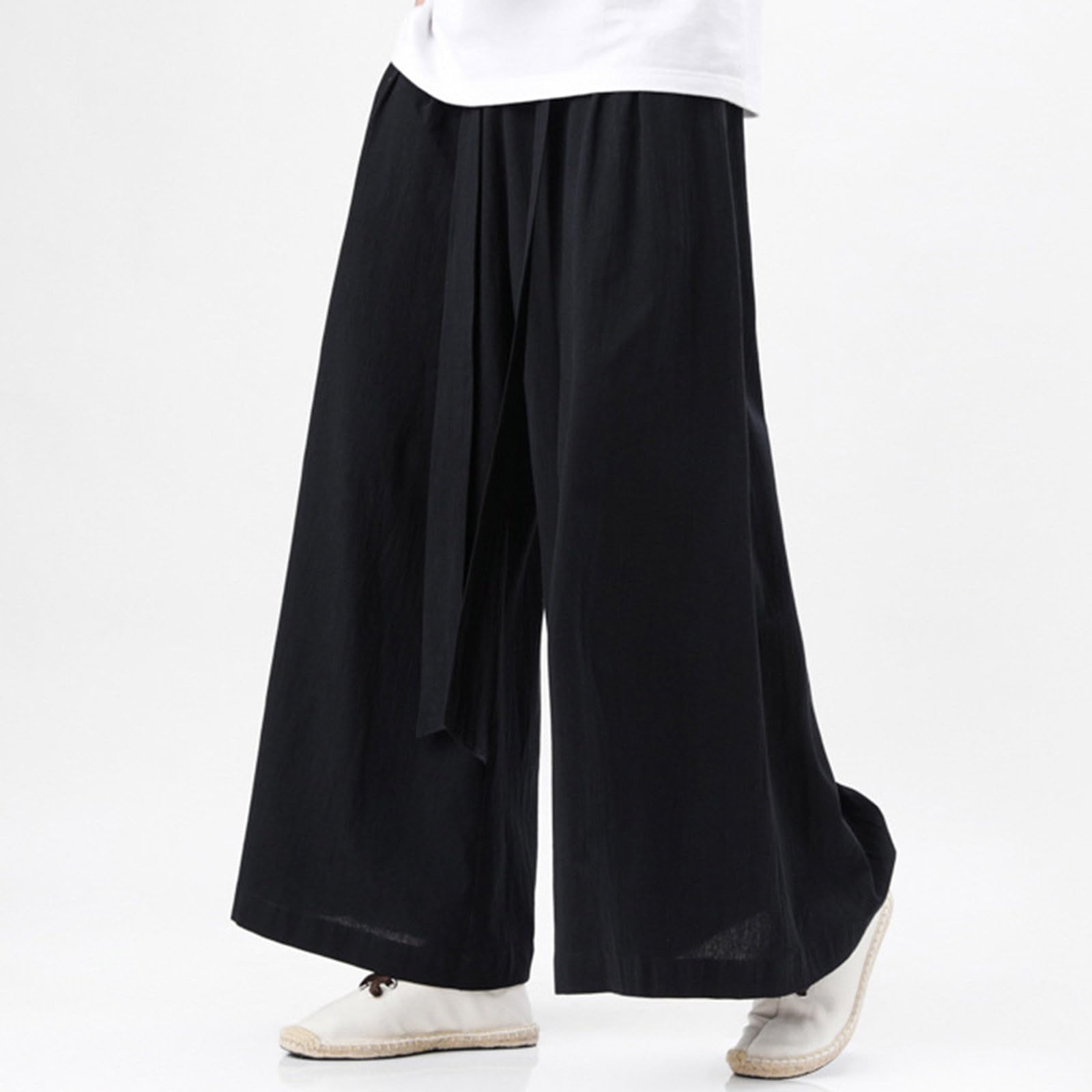 Pantalon de yoga en lin japonais pour homme - Pantalon sarouel baggy Hakama Kung-Fu - Pantalon kimono - Pantalon large - Pantalon de loisirs - Pantalon de jogging en coton et lin - Pantalon