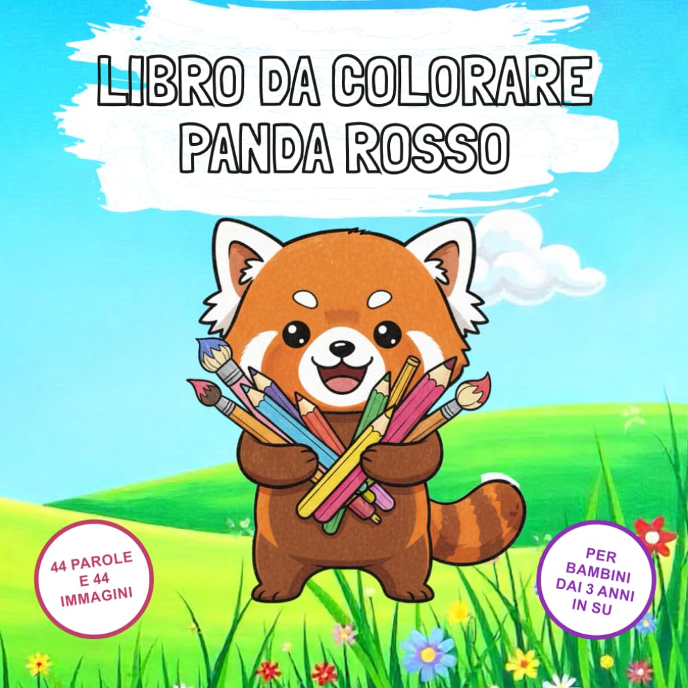 Libro da colorare panda rosso: 44 parole e 44 immagini - per bambini dai 3 anni in su