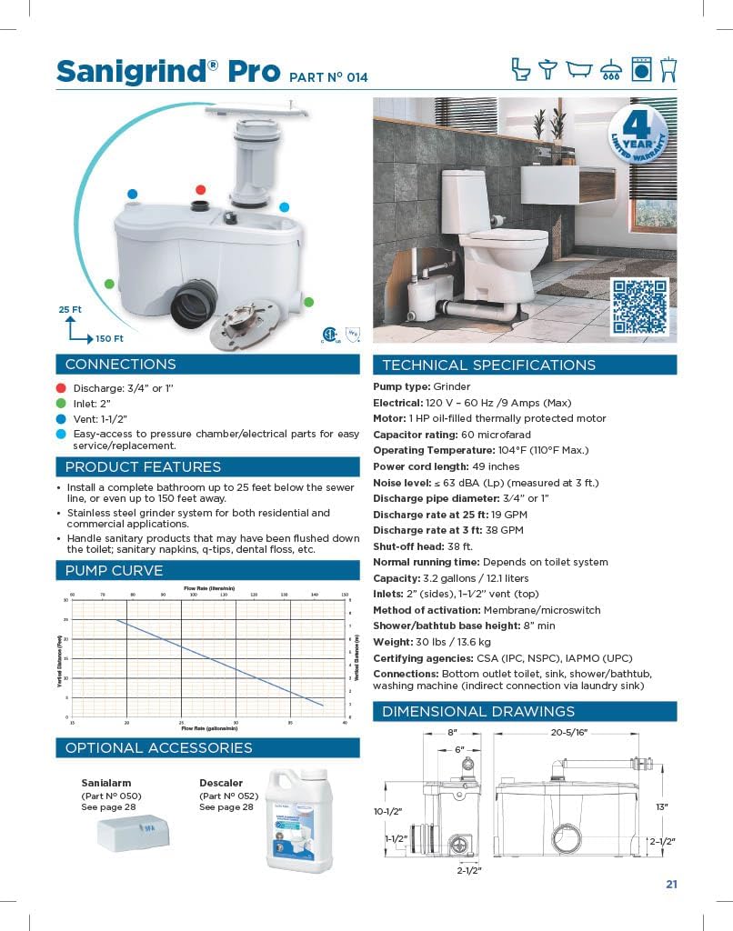 SFA SANIFLO - Sanigrind Pro - Grinder Pump - Comprehensive Bathroom & Laundry Solution - Versatile Waste Management - Heavy-Duty 1 HP Design - Certified CSA (IPC, NSPC), IAPMO (UPC) - Made In France