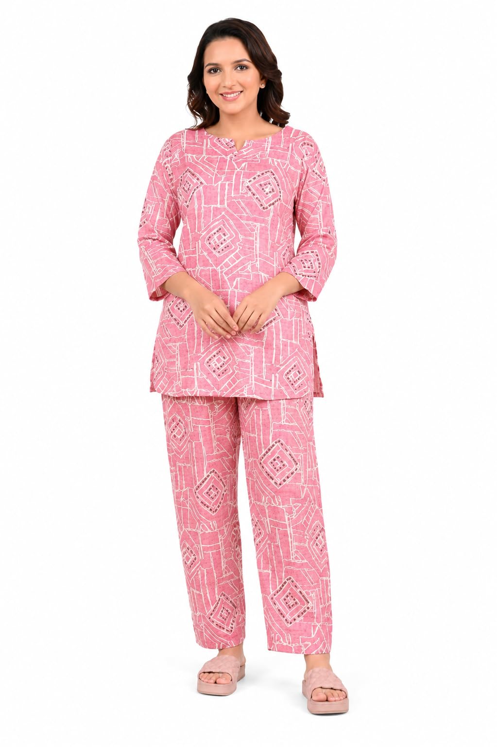 Womens Abstract Print Cotton Straight Co-ord Set with Pocket| Casual Wear |3/4th Raglan Sleeve | Regular Fit-image-4