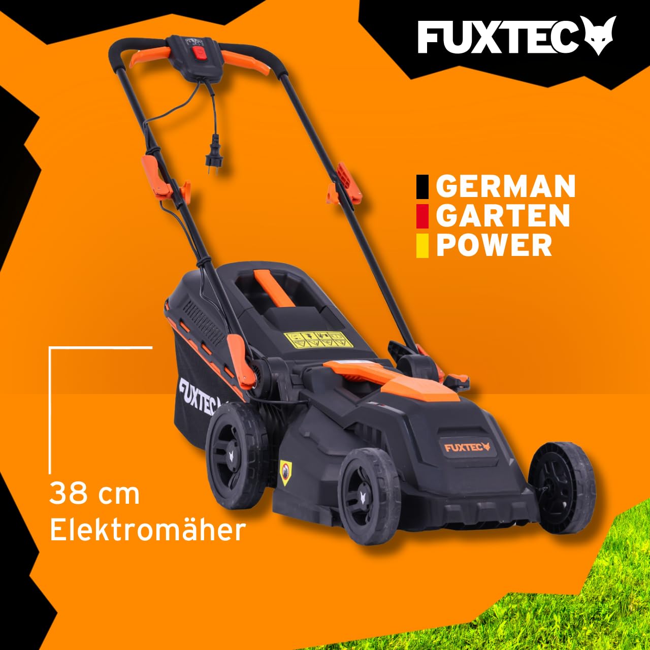FUXTEC Elektro Rasenmäher mit Kabel FX-RME38-38cm mit 40L Grasfangkorb - nur 12kg - Schnitthöhe 20-70mm - 1600Watt & 220V