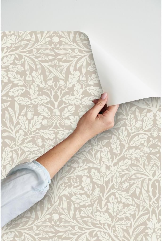 Peel & Stick Wallpaper 9ft x 2ft - Vintage Neutral,Damask,Ivory Art Nouveau,Acorn Willow,William Morris,Oak Tree,Arts and Crafts Custom Removable Wallpaper by Spoonflower